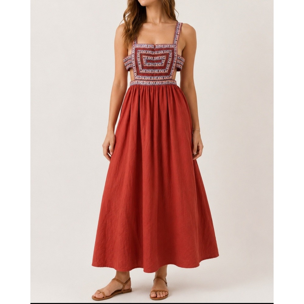 So Vintage Rust Red Embroidered Cut Out Boho Maxi Dress Small Geometric Festival